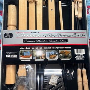 Premium 11-Piece Barbecue Tool Set - Oakwood Handles (Natural Wood)